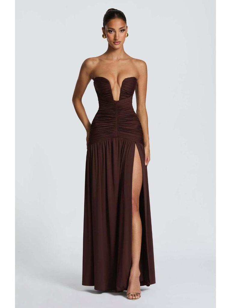 European-Style Strapless Pleated High-Slit Open-Back Evening Gown