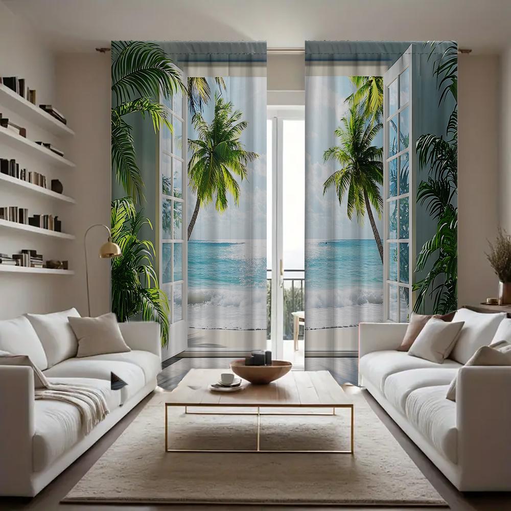 2PC Home Seaside scenery Curtains With Landscape Background And Pole Pocket Curtains, Kitchen, Coffee Shop, Living Room, Bacony