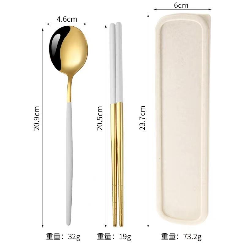 Stainless steel tableware, convenient student spoon, fork, chopstick three-piece set, travel storage set