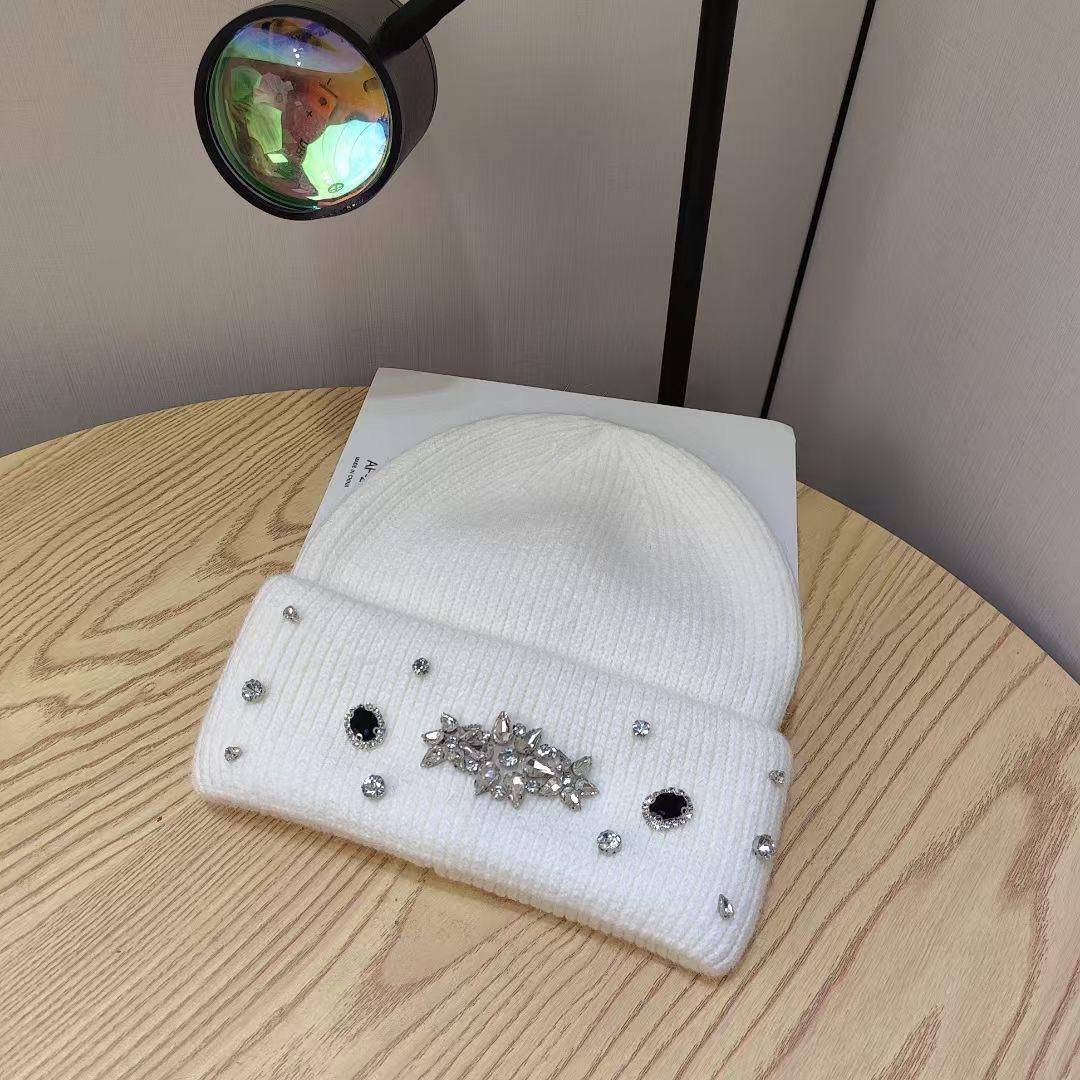 

Новая вязаная шапка из кроличьего пуха ручной работы со стразами, утолщенная, повседневная, теплая, пуловер, вязаная шапка для женщин M（56-58cm）