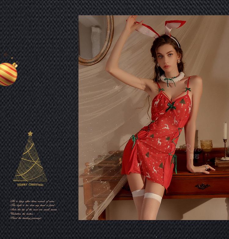 Übergröße Sexy Durchsichtiges Mesh Weihnachts-Dessous-Set mit Aufdruck - Rückenfreies Nachthemd