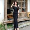 Spice Girl One-word Shoulder Dress Texture Pleated Slim Skinny Hips Long Temperament Fish Tail Seaside Vacation Dress