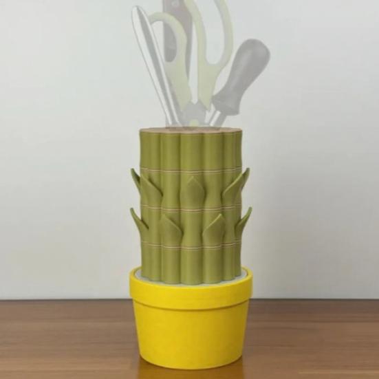Cactus Knife Block Bamboo Storage Rack Compact Slim Profile Kitchen Knife Holder Cactus-Style Organizer Easy to Clean Stable Weighted Base Kitchen