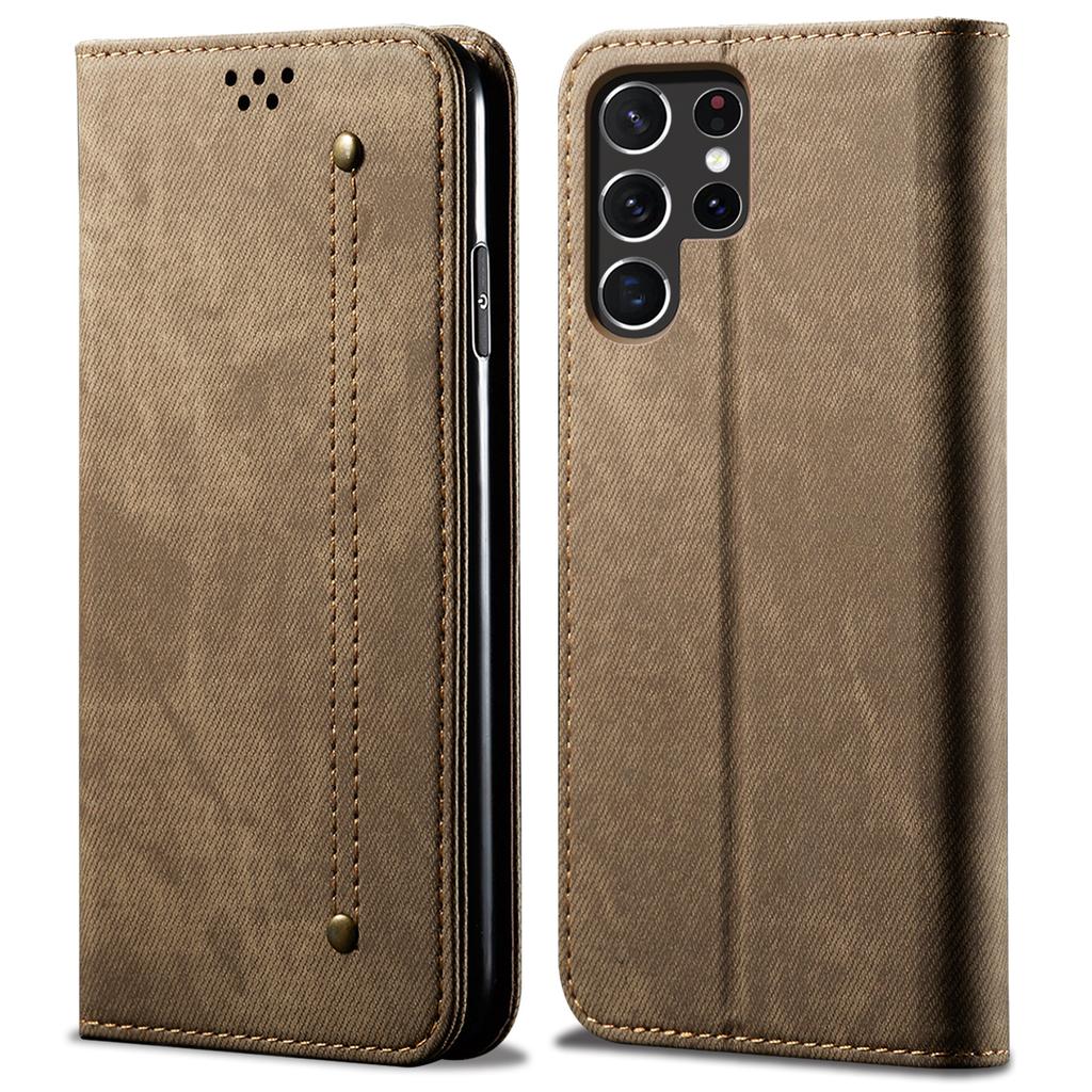 Capa para Samsung Galaxy S25 Ultra com Textura de Tecido Jeans Couro Anti-riscos Suporte Capa de Telefone