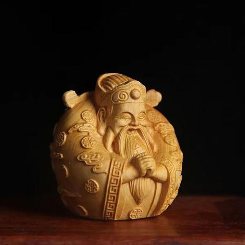 Natural Log Carving Characters God of Wealth Figurine , Chinese Characteristic Wood Carving Home Room Office  Feng Shui  Statue
