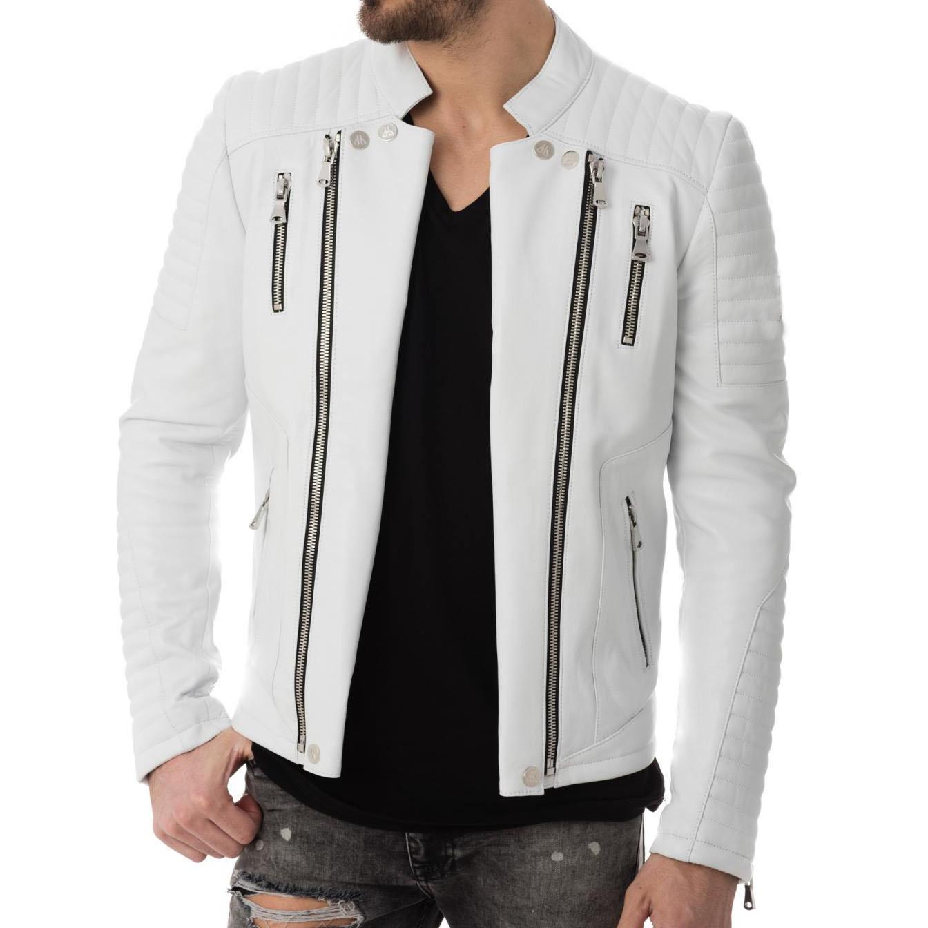 

Чоловіча куртка зі справжньої білої шкіри ягняти SkinOutfit Стильна мотоциклетна куртка-бомбер Байкерський верхній одяг MJ 162 XXXL білий