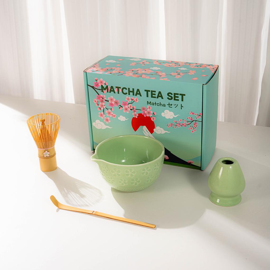 Japanese Matcha Tea Set With Cherry Blossom Pattern, Bamboo Whisk, Ceramic Matcha Bowl, Matcha Making Kit, Tea Utensils Set Gift