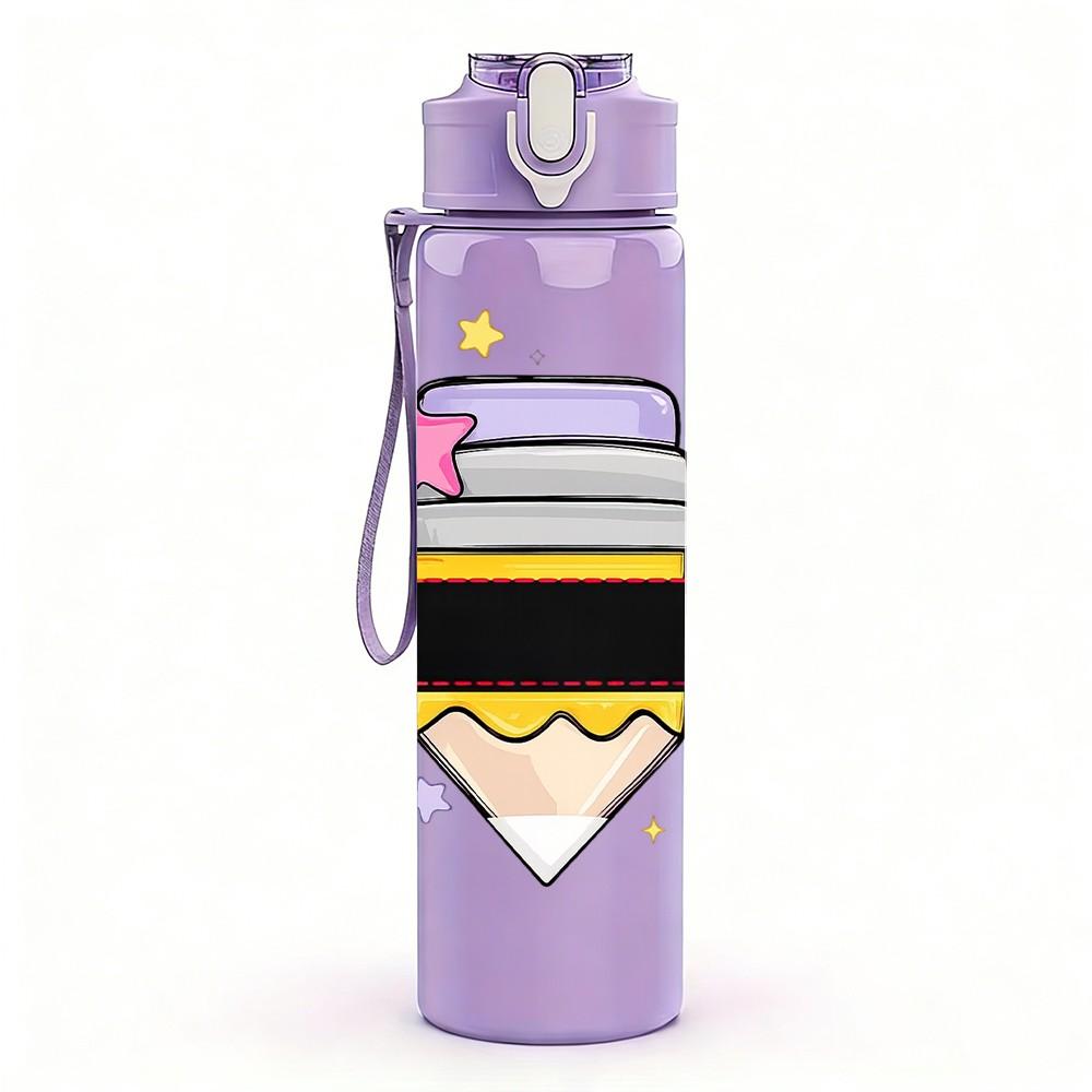1PC Color Pencil Stack School Art Print 750ml Color Plastic Sports Water Bottle Leakproof Flip Straw Lid Suitable for Sports Office Home Use