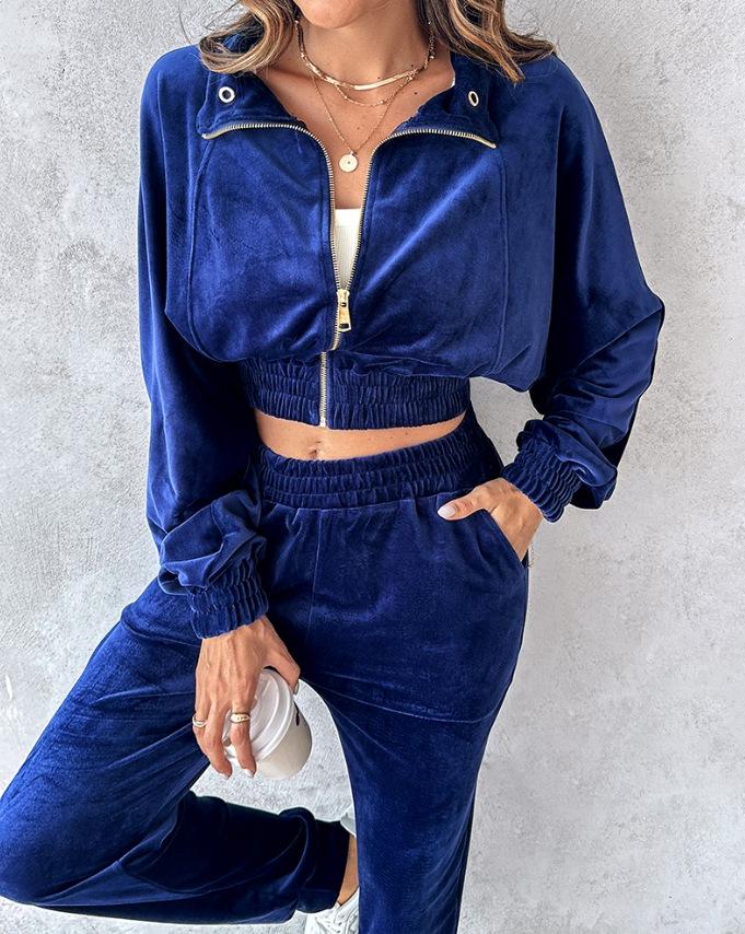 Women's Autumn 2024 Gold Velvet Cropped Top & Long Sleeve Pants Casual Set