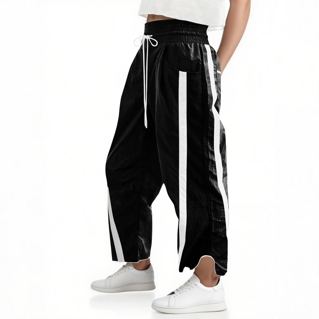 Women's Baggy Wide Leg Pants Casual Drawstring Elastic Waisted Contrast Color Workout Track Pants