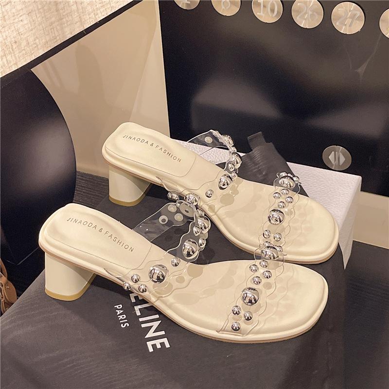 

Temperament with skirt transparent thick heel women s shoes 2025 summer new French rhinestone open-toed crystal shoes sexy one-word drag 35 бежевый