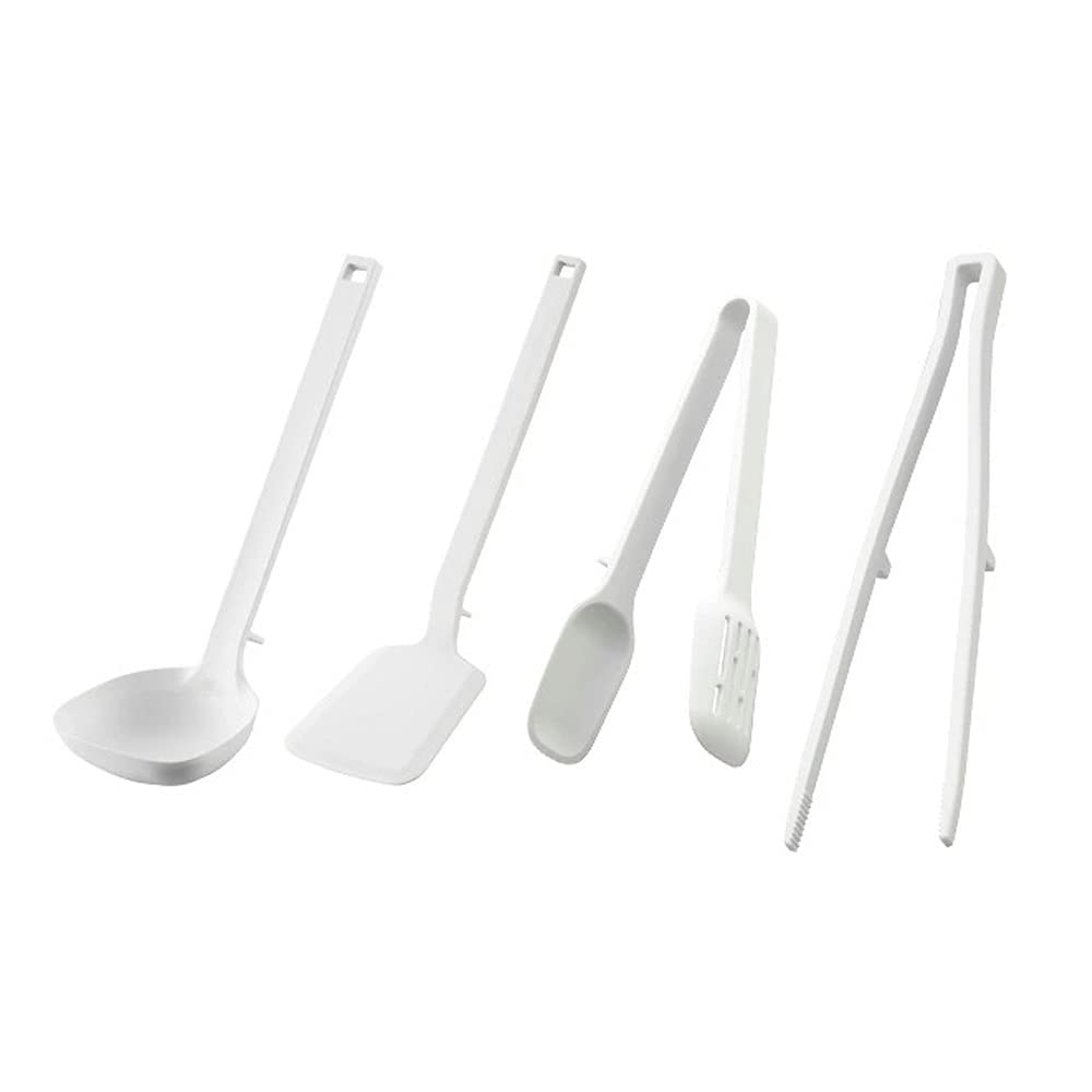Yamazaki Silicone Tools Set (4 pieces): Ladle, Spatula, Spoon, Tongs, Chopstick Tongs - Tower White (5189, 5191, 5193, 5195)