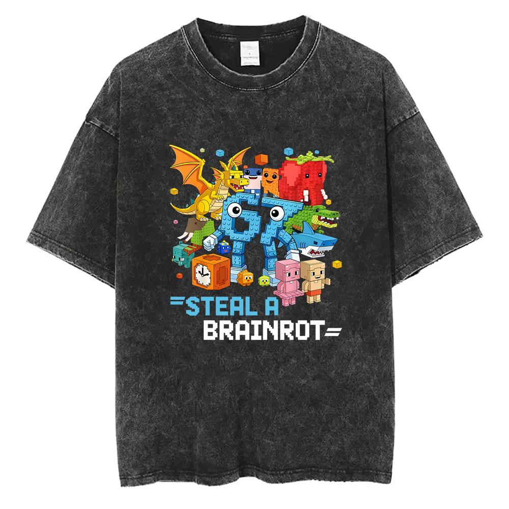Funny Six Seven Italian Brainrot 67 Number Graphic Vintage Washed T-shirt Bruh Steal A Bratnrot T Shirts Men Women Fashion Tees