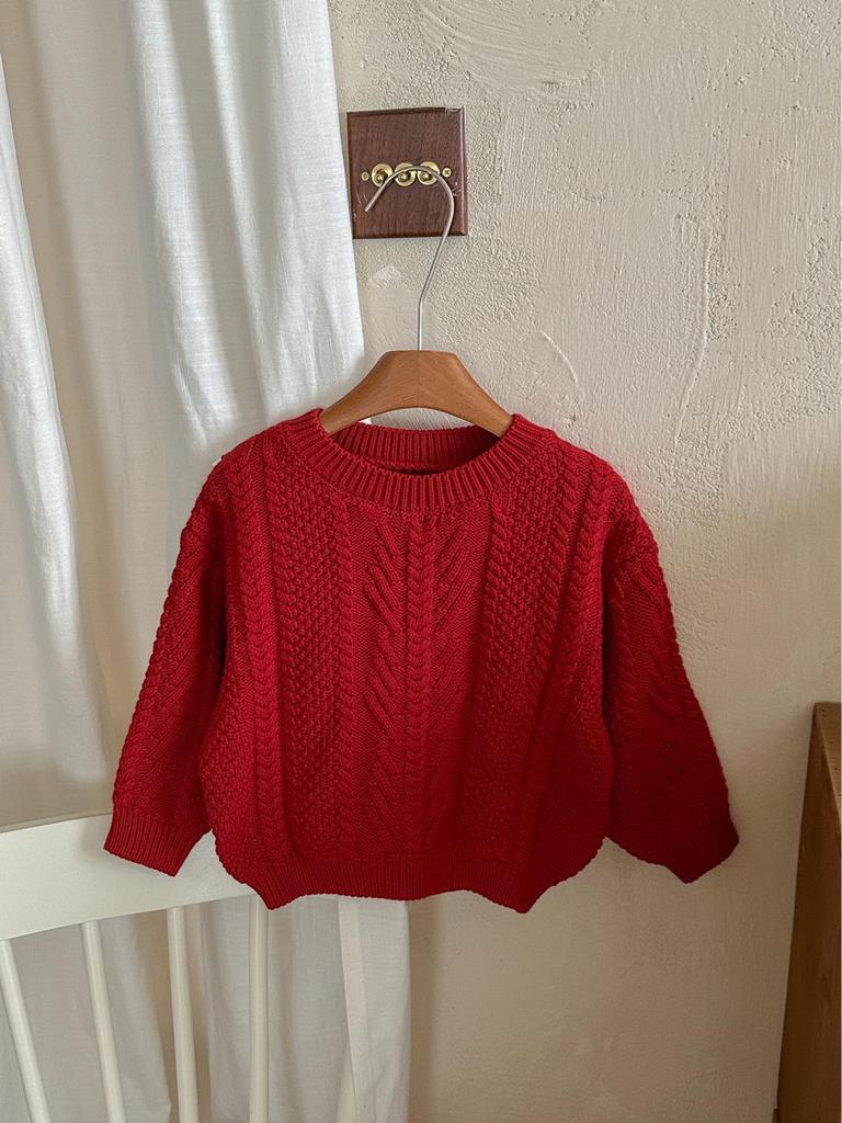 Kinder Roter Retro Zopfstrickpullover - Jungen & Mädchen Lockerer Rundhals-Pullover für Herbst/Winter, Weihnachten & Neujahr