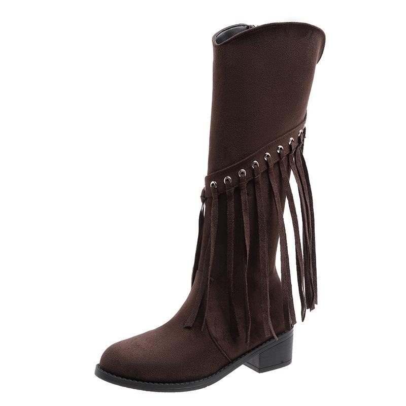 Large Size Fringed Boots Women's Autumn and Winter New Retro Suede Thick Heel Side Zipper Long Fashion Boots