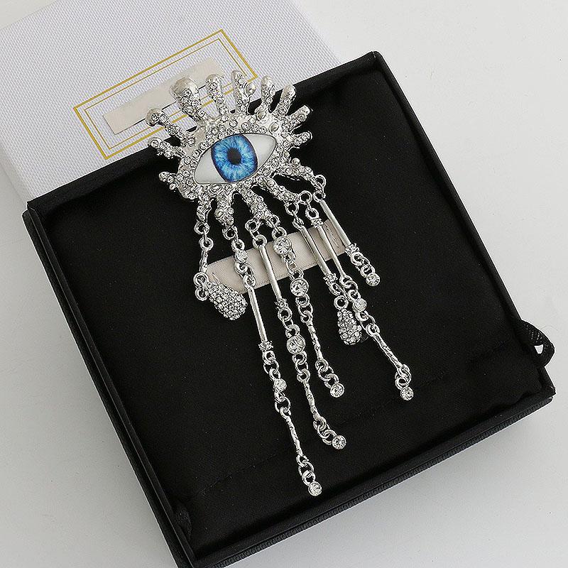 Retro Eye Shaped Rhinestone Brooch For Women And Men Tassel Chain Lapel Pins Badge Elegant Fashion Jewelry Accessories Gift