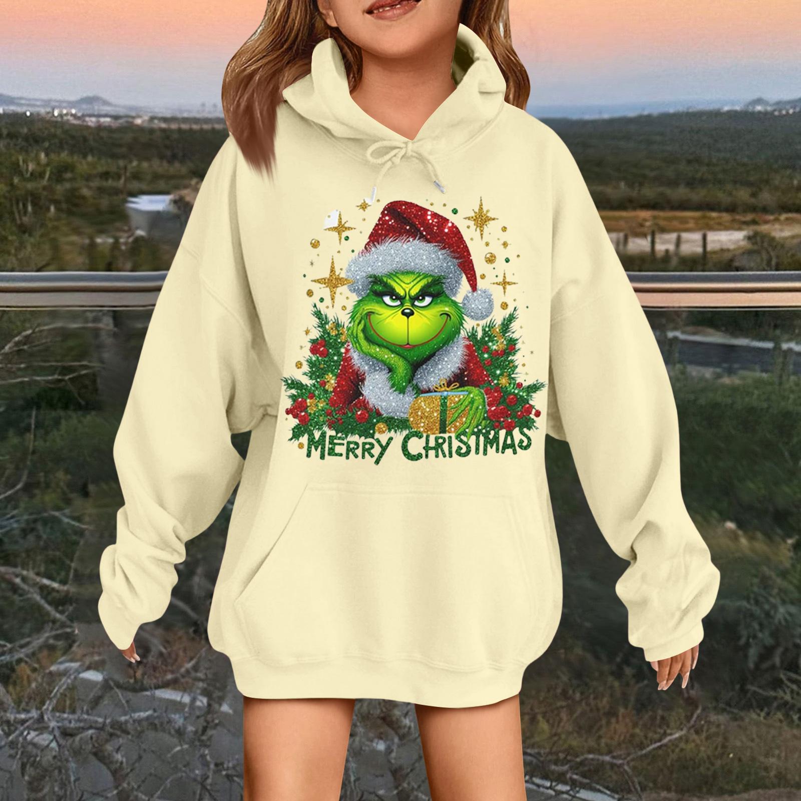 

Детская модная повседневная толстовка с капюшоном свободного кроя с длинными рукавами и рождественским принтом 110 бежевый