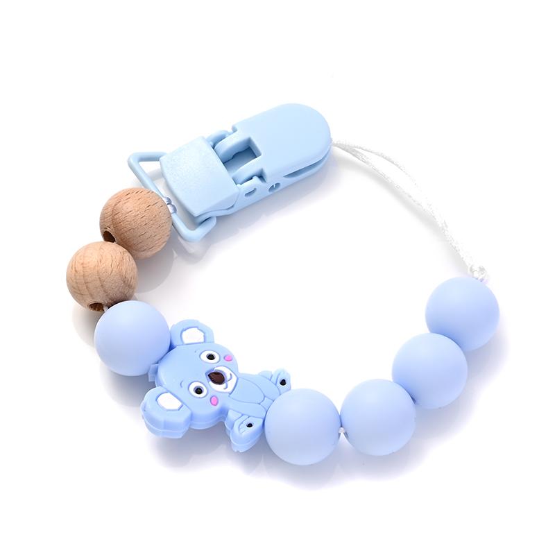 Anneau de dentition en bois pour bébé Chaîne de sucette Jouets à mordiller d'allaitement Cadeau Clips de sucette pour bébé Support Chaîne de dentition Animal Cartoon en Silicone