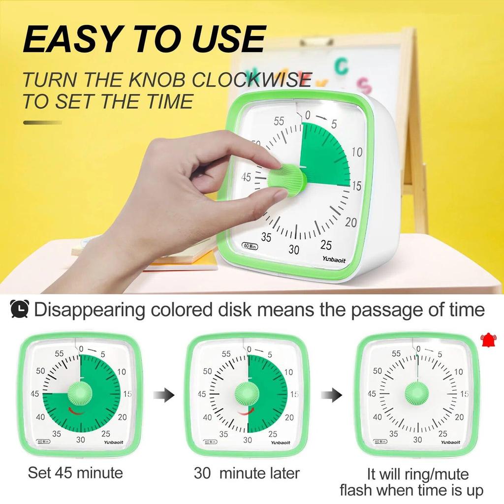 Cronometru vizual Yunbaoit cu lumină de noapte, cronometru de 60 de minute pentru copii și adulți, cronometru silențios pentru acasă, bucătărie sau școală