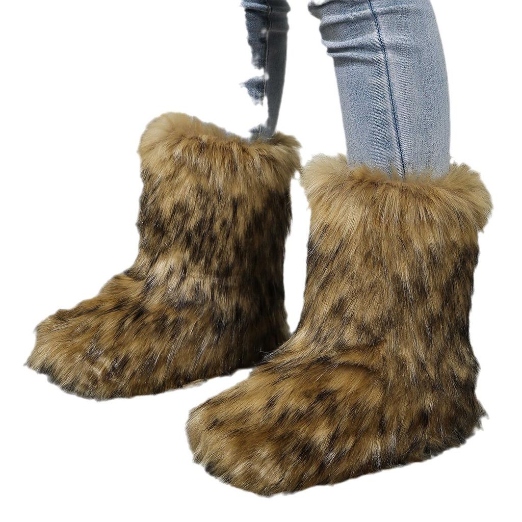 New Winter Fur Onepiece Raccoon Fur Female Snow Boots Fur Shoes Outdoor Mid Leg Boots