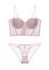 French sexy vest half cup bra thin embroidered upper support thin underwear set with suspender bra inside