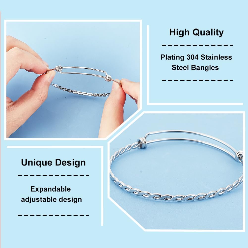 PH PandaHall 10pcs Stainless Steel Adjustable Bangle Bracelet 2.5" Wire Blank Bracelet Stainless Steel Expandable Bangle Stainless-steel Wire