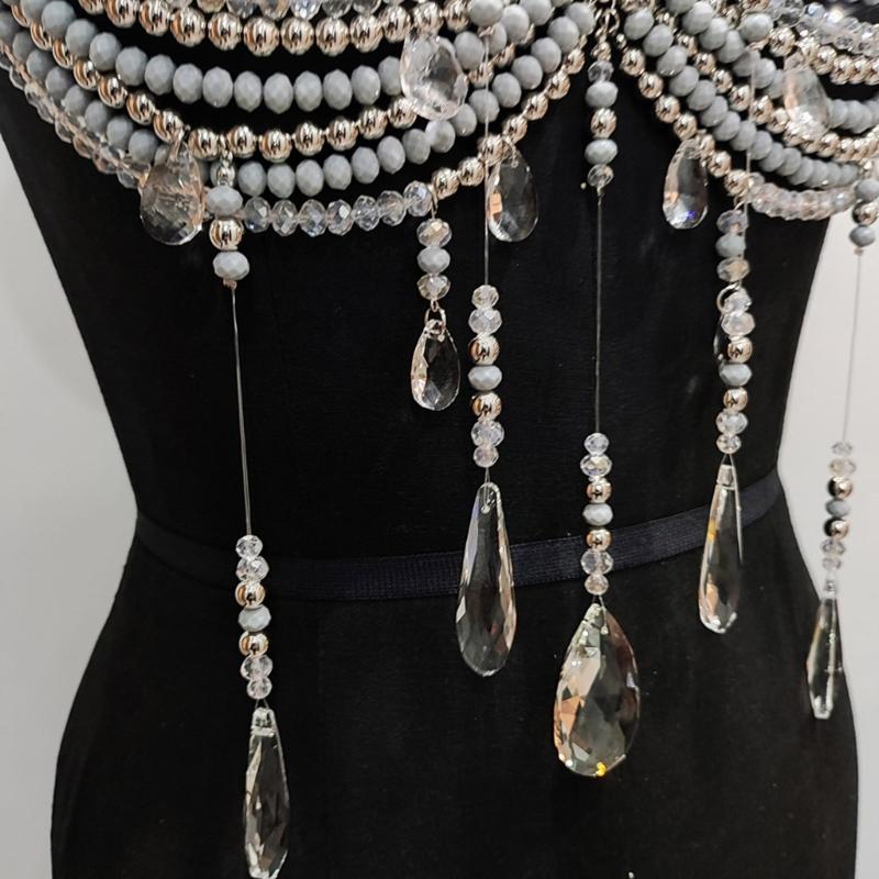 Women's Glass Crystal Beads Body Jewelry Multi Layered Chest Chain Bralette For Music Festival And Photoshoot Costumes