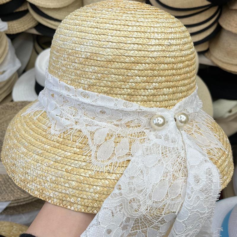 

Винтажная соломенная шляпа женственность соломенный абажур шляпа от солнца кружево пасторальный отпуск мягкая девушка защита от солнца прохладная шляпа тренд Adult (56-58cm) белый