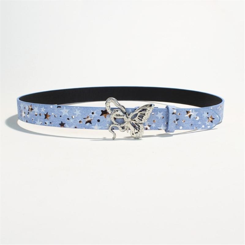Jean-Look Fashion Belt with Scattered Star Pattern, PU Leather Sash, Metal Hardware and Fit Adjustment Points for Outfits