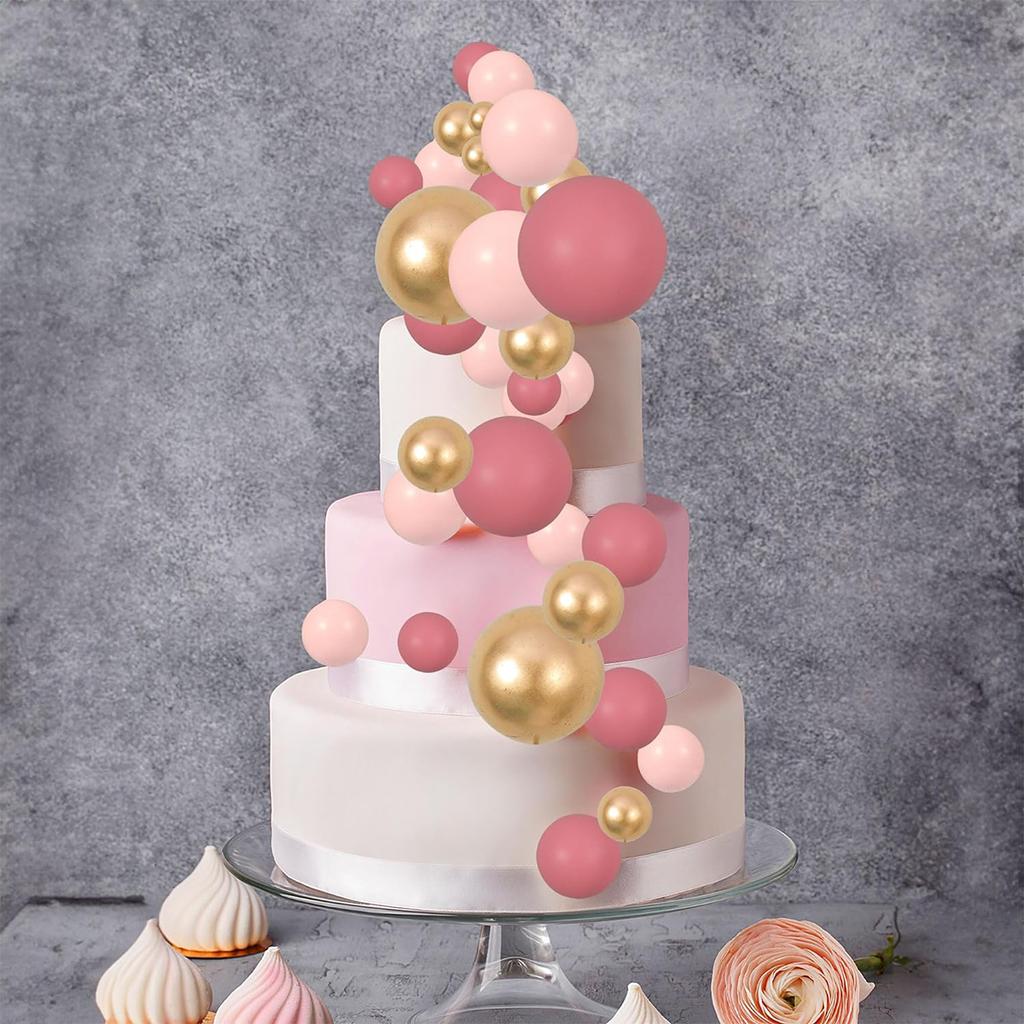 34pcs Pink Gold Ball Cupcake Toppers DIY Foam Ball Cake Decoration for Wedding Anniversary Birthday Party Supplies Decorations