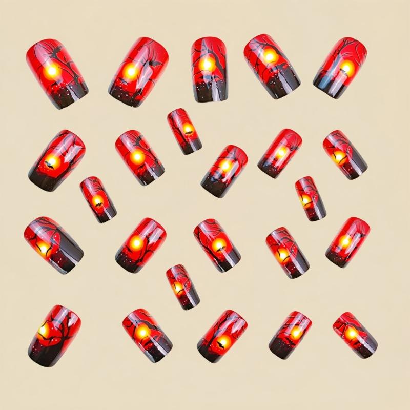 Halloween Fake Nail Set Of 24 Press On Nail With Forest Theme Pink Ghostly Design For Costume Parties Event Decors
