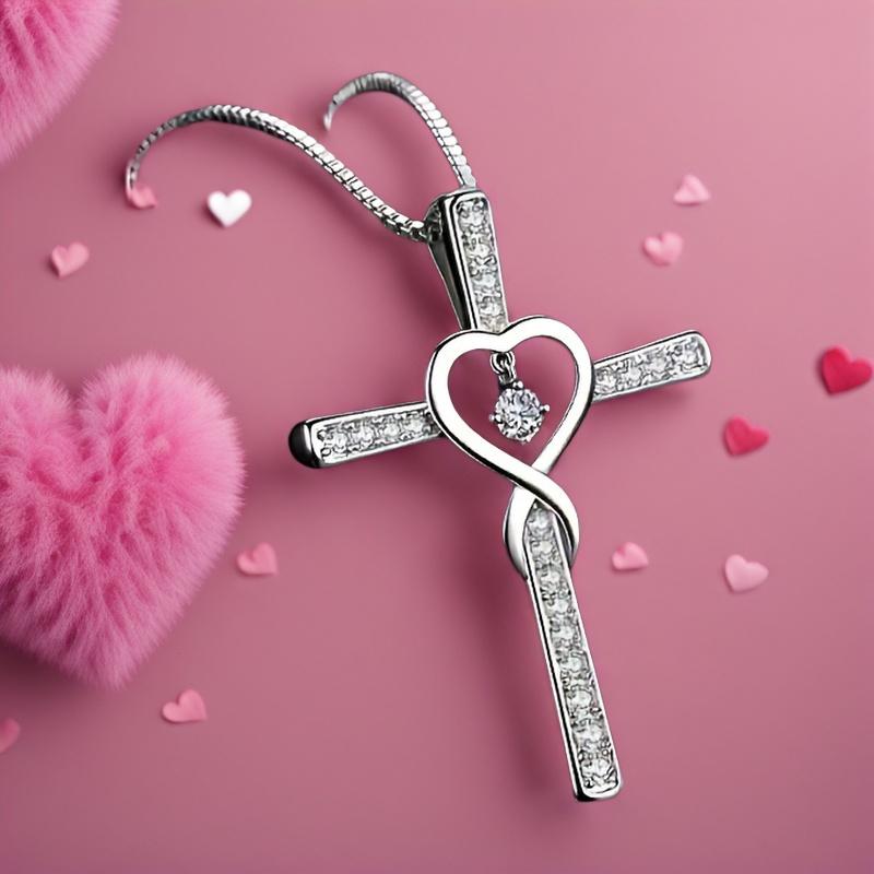 Fashionable and Creative Personalized Heart-Shaped Cross Necklace, Heart-Shaped Cross Pendant 21.35 in серебряный