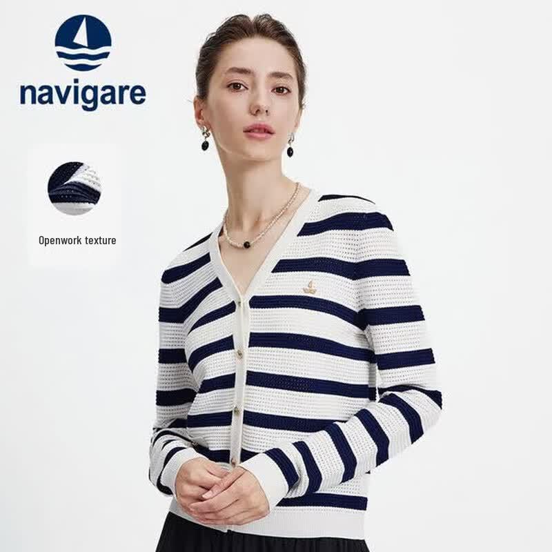 Navigare Women s Striped V-Neck Hollow-Out Knit Cardigan L