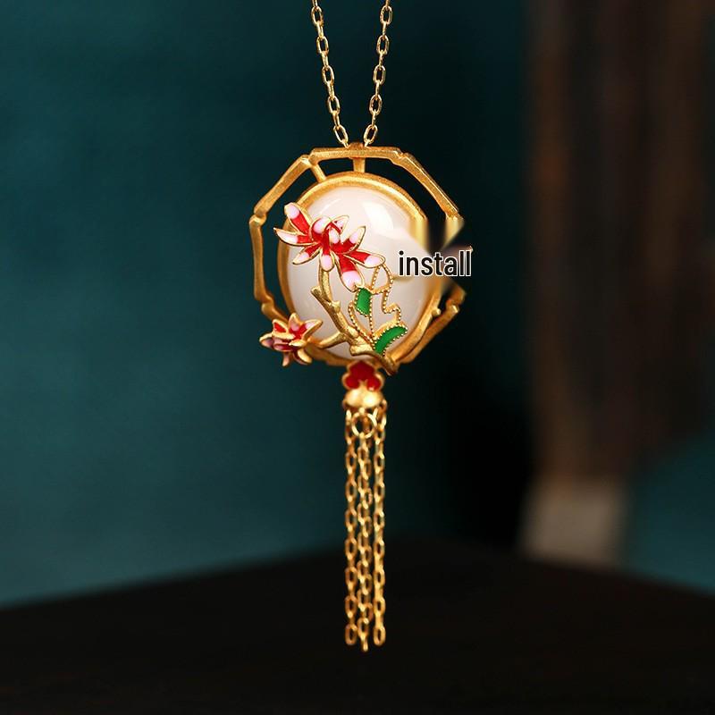 Čínský luxusní cloisonné smaltovaný pozlacený náhrdelník s jadeitovým střapcem pro ženy
