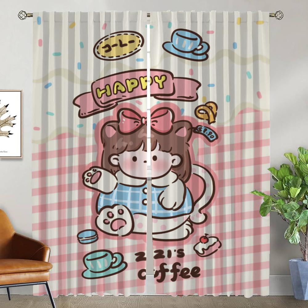 Cute Girl Home Interior Curtains 2 Pieces Curtains for Bedroom Blackout Curtain Living Room Curtain Halloween Decoration Shades
