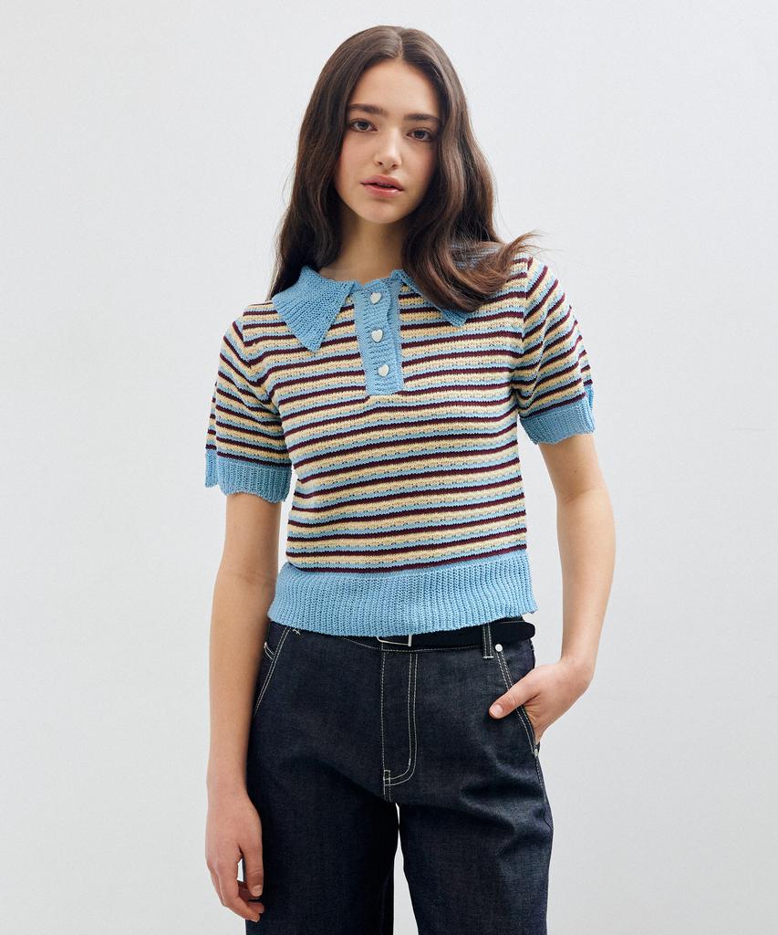 ROIROI Striped Pearl Button Collar Knit - Blue