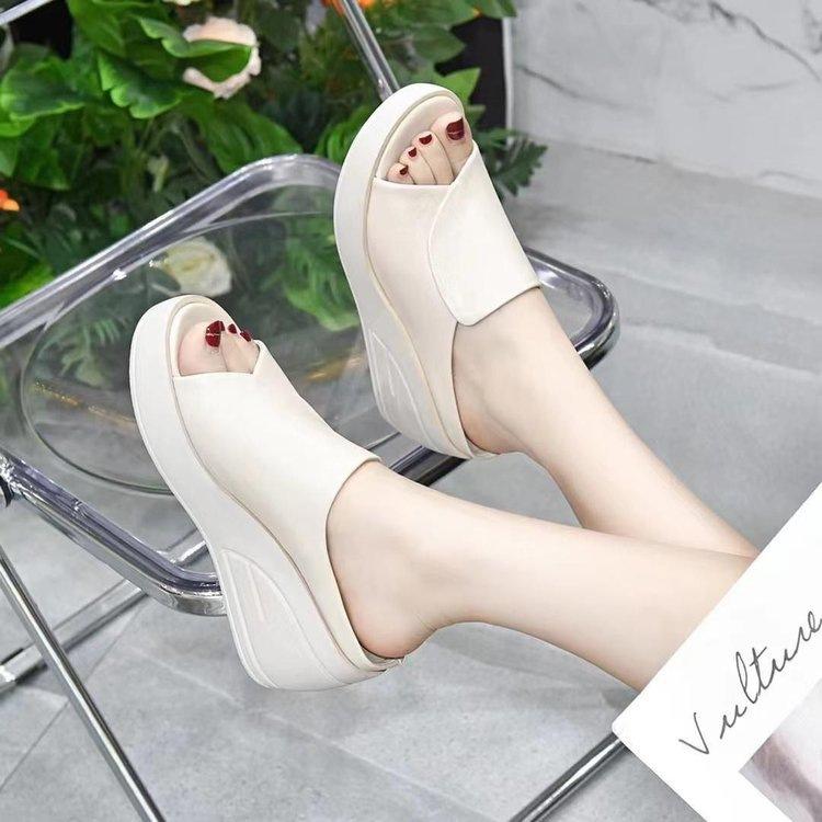 Soft Leather Wedge Sandals Muffin Thick Bottom New Summer Wear Summer High Heel One-word Slippers