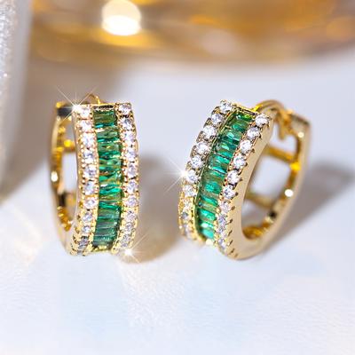 Simple Elegant Green Square Zircon Hoop Earrings for Women Vintage Gold Color Small Circle Earrings Wedding Jewelry Gift