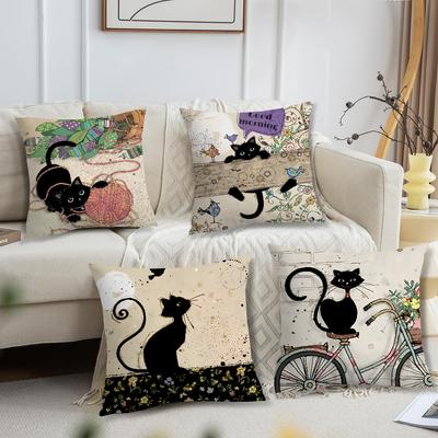 Vintage French Soft Comfortable Black Cat Pillow Case Cartoon for Sofa Living Cat Room Home Office Retro Decor Protective Cover