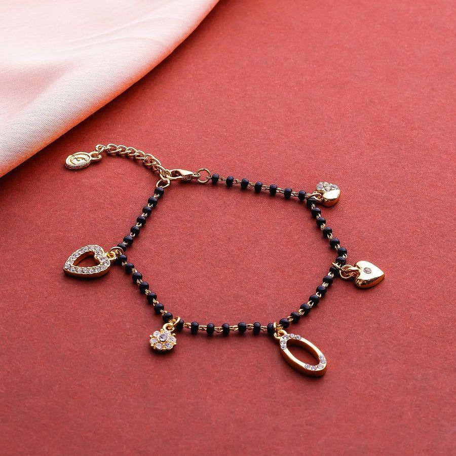 Women's Gold Plated Heart Shaped Bracelet with Black Beads and Austrian Crystals Estele