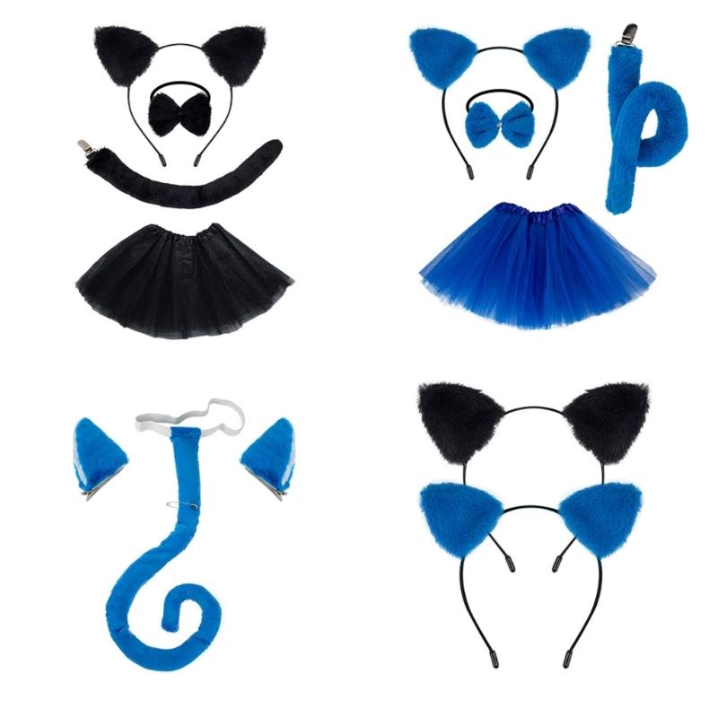 Kids Cats Costumes Set Cats Ears Headbands Tail Bowtie Tutu Skirt Animal Cosplay Costumes for Halloween Christmas Party