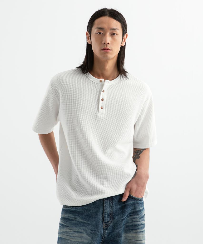 BRENSON (Waffle) Loose Fit Waffle Henley Neck Short Sleeve Tee (4 Colors)