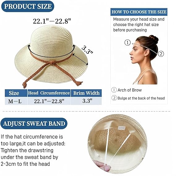 Beach Hats for Women - 33cm Sun Hat Womens, Wide Brim Straw Womens Sun Hat with Wind Lanyard Roll Up Foldable UV Protection
