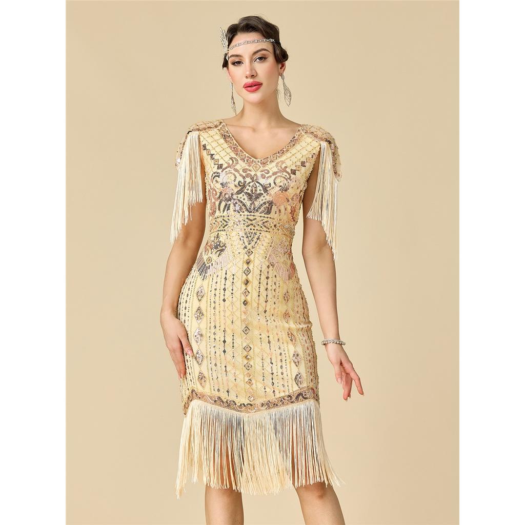 Women's Plus Size 1920s Gatsby Flapper Dress, Sequin Beaded Short Sleeve Fringe Evening Gown For Party & Pr