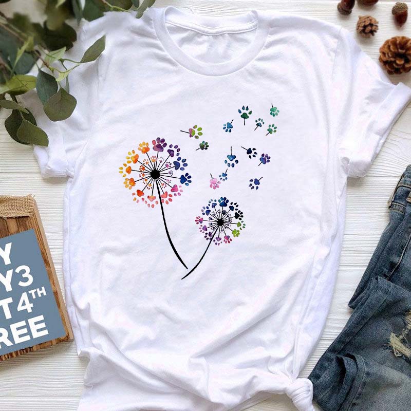 Tricou cu imprimeu păpădie pentru femei de vară Cămăși pentru femei de mărime mare ocazional Tricou cu mânecă scurtă Top negru Tricou cu gât în ​​formă de O