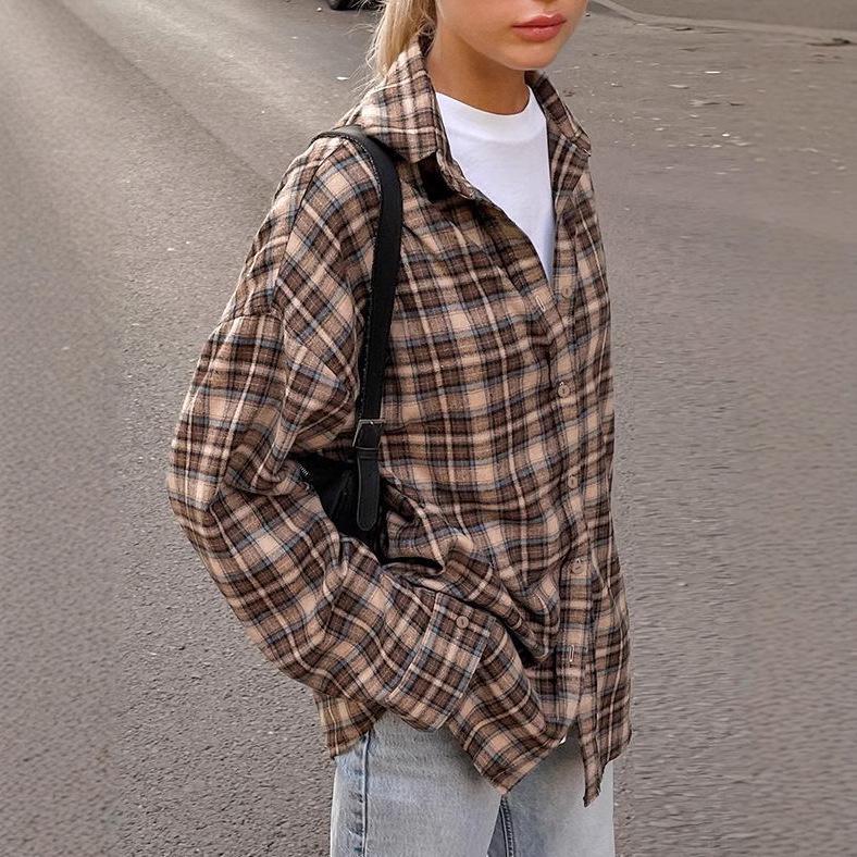 2024 European Retro Plaid Women's Long Loose Shirt