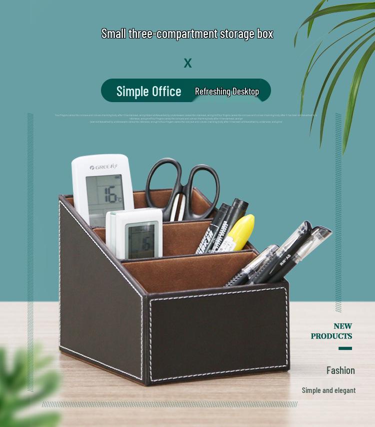 Business Leather Multi-Functional Desktop Organizer - Small Three-Grid Stationery Box for Hotel or Office Use