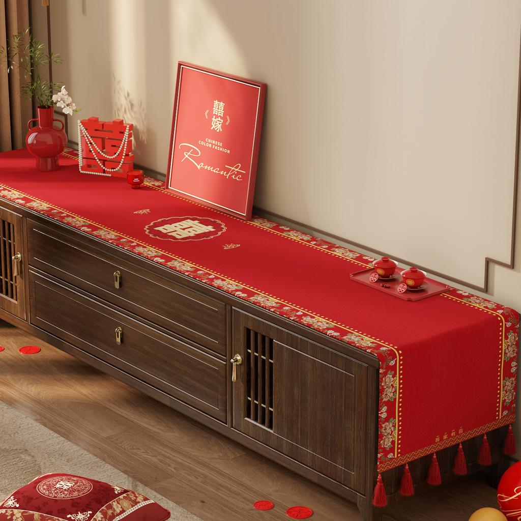 Wedding Tv Cabinet Tablecloth Light Luxury High-End Red Side Cabinet Long Strip Cover Festive Coffee Table Decorative Cloth