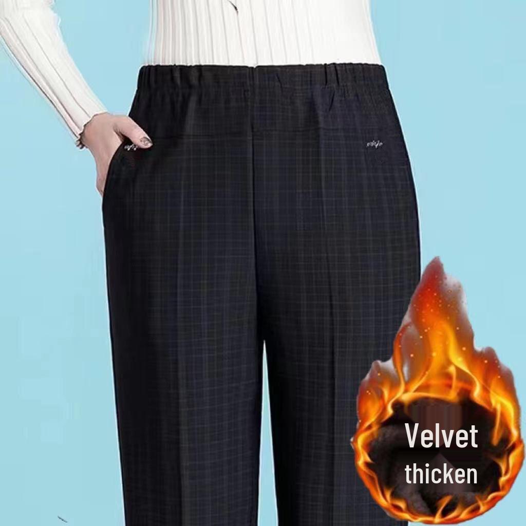 Velvet-Lined High-Waisted Straight Leg Pants for Middle-Aged & Elderly Women - Spring & Autumn Winter Wear
