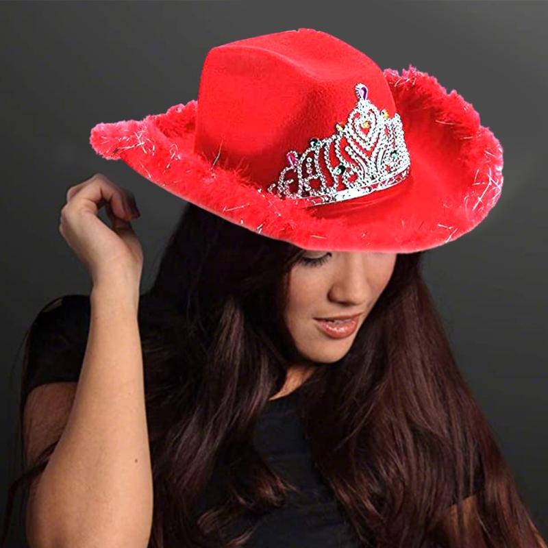 Feather Tinsel Brim Cowboy Hat for Women Western Cowboy Hat Church Hat Model Show Cowboy Hat Rhinestones Crown Hat